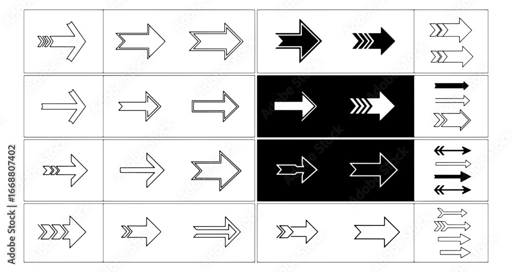 Poster a collection of arrow icons in a grid format showcasing various styles and orientations on white and