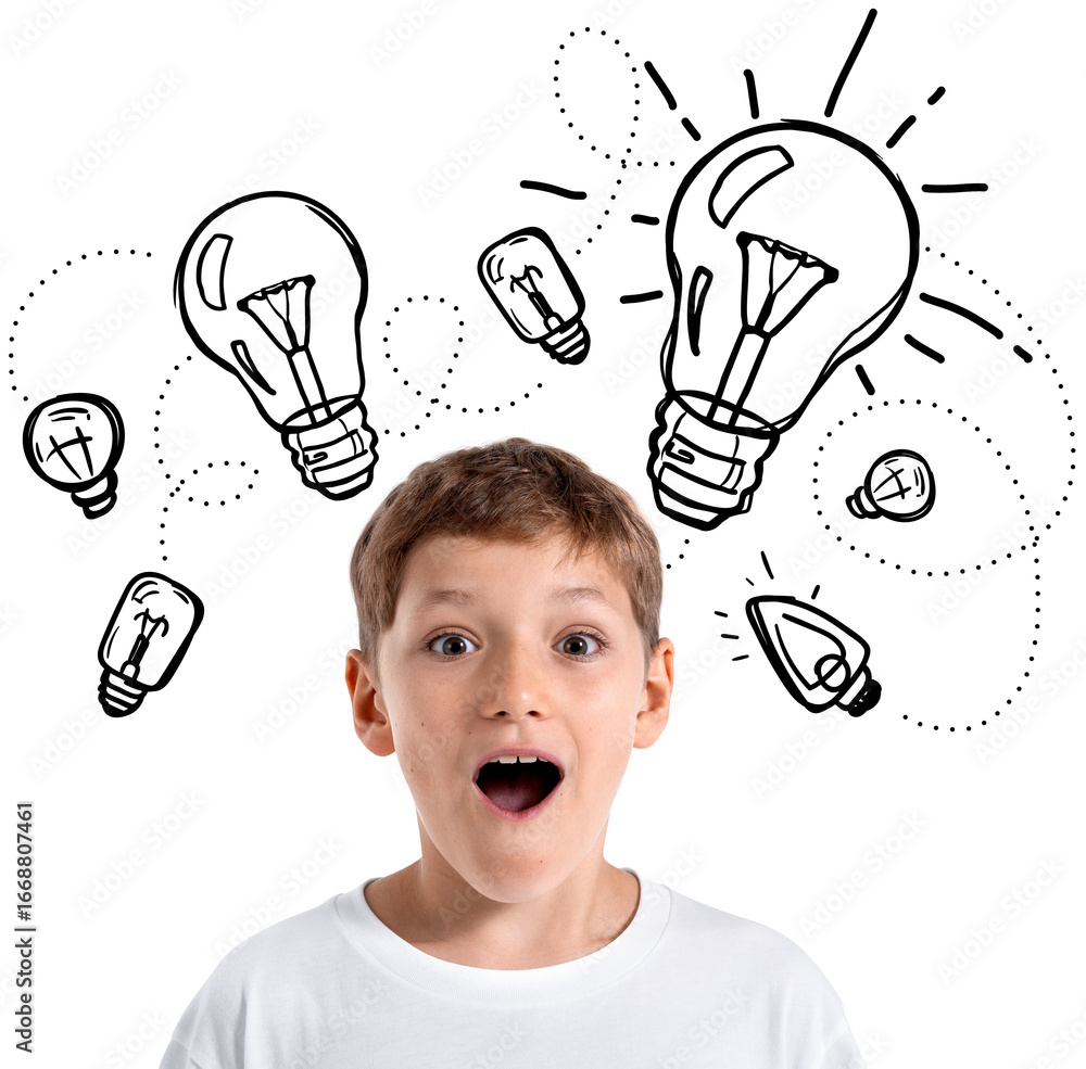 Aufkleber a young boy with a surprised expression stands in front of a white background with sketched light bu