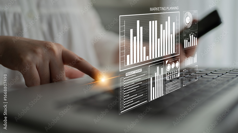 Poster a business professional interacts with digital marketing data displayed on a laptop, showcasing esse