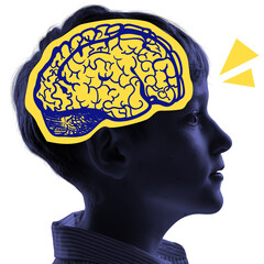Side view of a child with a yellow illustrated brain inside head, silhouette graphic style, on white background. Concept of kid brain and creativity
