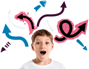 Surprised kid with expressive face surrounded by colorful graphic arrows, isolated on white background, concept of choices, confusion, or decision-making