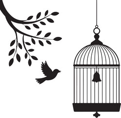 Fototapeta premium bird in a cage logo design silhouette vectors illustration, bird in a cage silhouette vector logo, silhouette birdcage vector logo, vintage black birdcage logo silhouettes vector on a white background