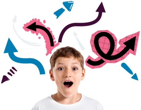 Surprised kid with expressive face surrounded by colorful graphic arrows, isolated on white background, concept of choices, confusion, or decision-making
