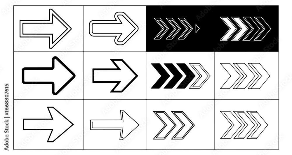 Poster illustration showing a collection of twelve arrow designs in a grid pattern with varying styles and 