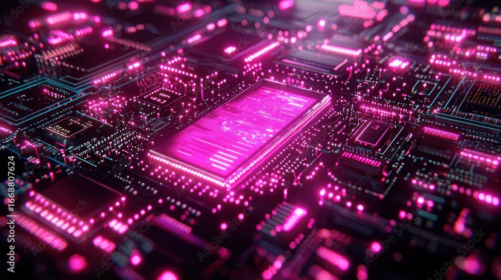 Poster circuit board glowing with pink light, futuristic. possible use technology background