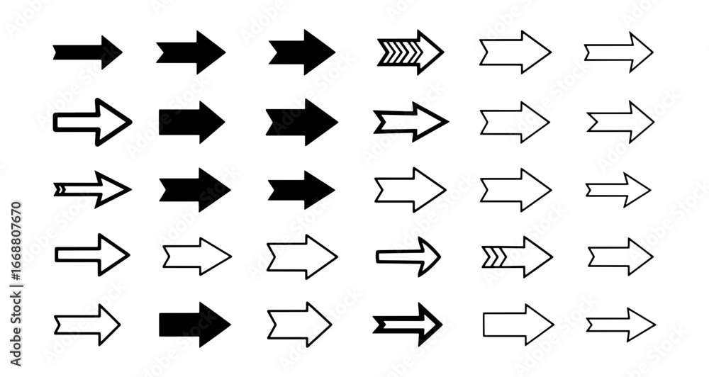 Poster collection of thirty five arrow icons in various styles pointing to the right on a white background