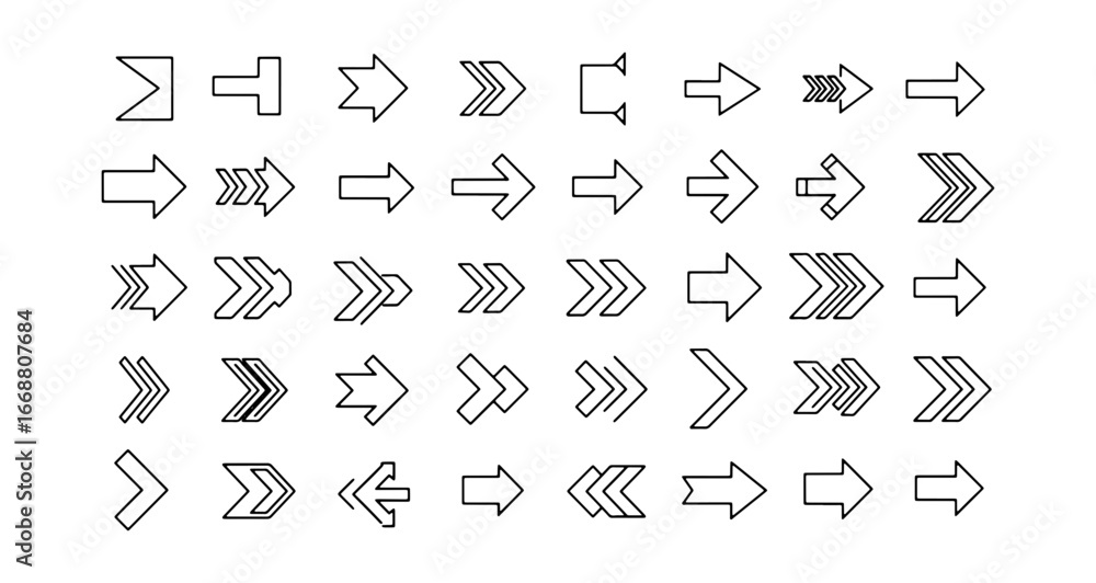 Poster collection of arrows in various styles and orientations arranged in a grid pattern on a white backgr