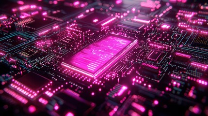 Obraz premium Circuit board glowing with pink light, futuristic. Possible use Technology background