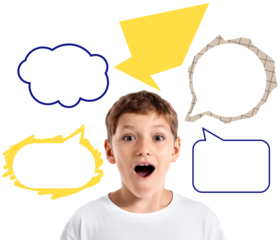 Surprised child with various speech and think cloud shapes around head, isolated on white background, expressing communication or creative concept