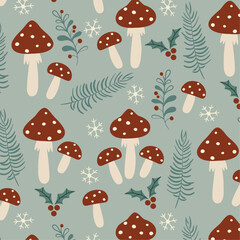 Modern Christmas Mushroom Pattern with Holly, Fir Branches and Snowflakes