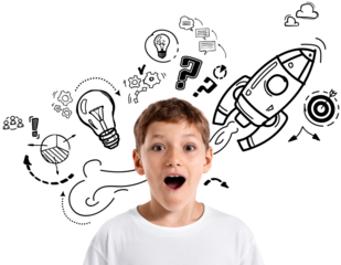 Excited kid isolated on white background with hand-drawn doodles of rocket, gears, and light bulbs representing imagination, learning, and innovation