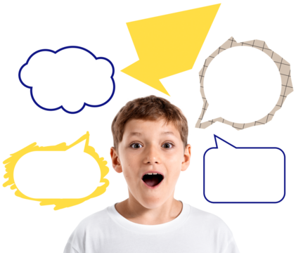 Surprised child with various speech and think cloud shapes around head, isolated on white background, expressing communication or creative concept