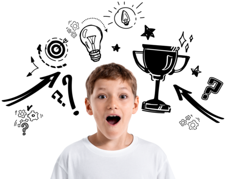 Excited boy isolated on white background with hand-drawn doodles of trophy, lightbulb, arrows, and question marks, symbolizing creativity and success