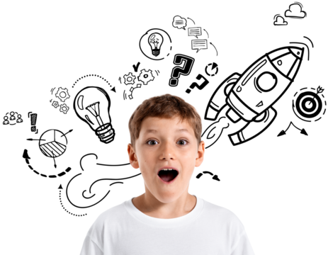 Excited kid isolated on white background with hand-drawn doodles of rocket, gears, and light bulbs representing imagination, learning, and innovation