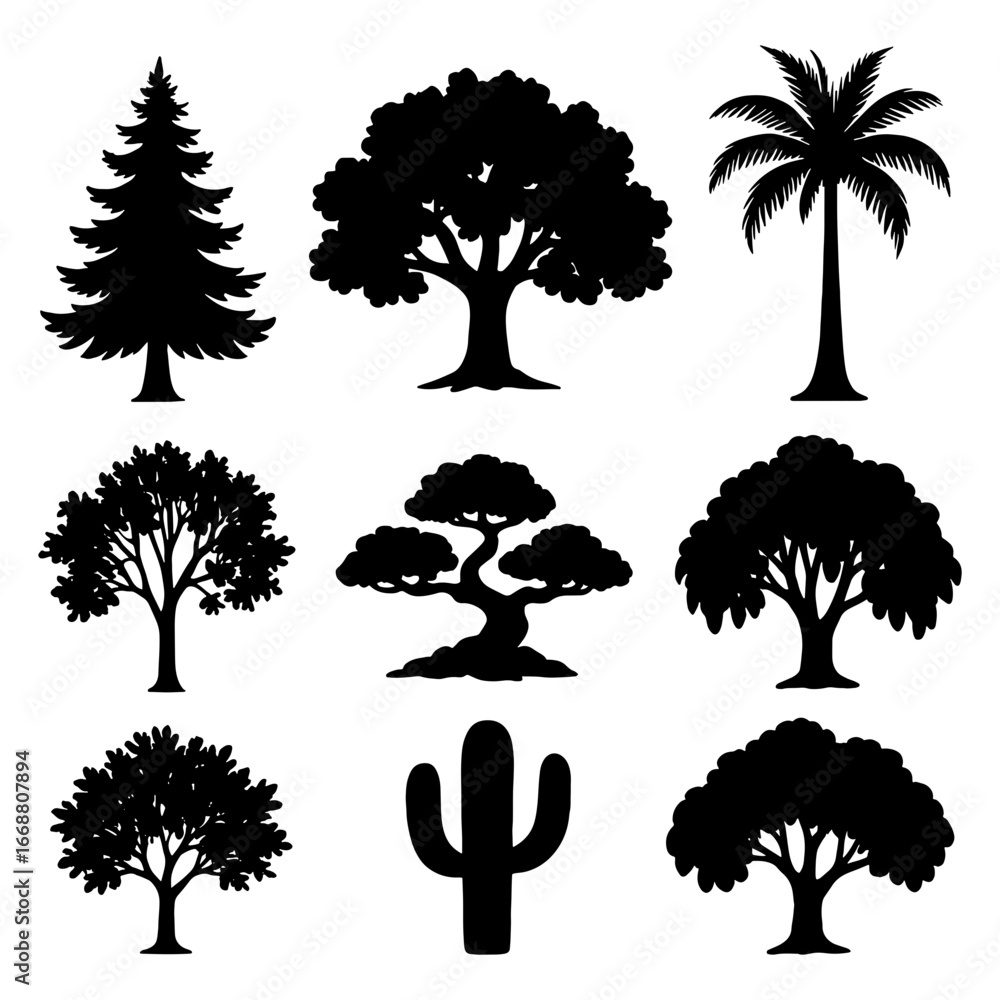 Poster Silhouette collection of various tree types including pine oak palm and a saguaro cactus design element