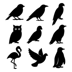 Obraz premium Silhouette collection showing nine distinct bird species in a simple black and white design style