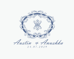 Wedding logo monogram crest vector design royal style blue color illustration monogram crest
