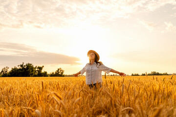 Woman walking through wheat field in countryside during warm golden light