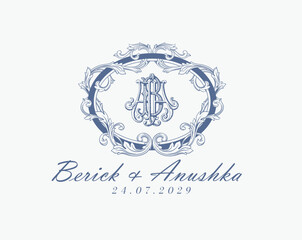 Wedding logo monogram crest vector design royal style blue color illustration monogram crest
