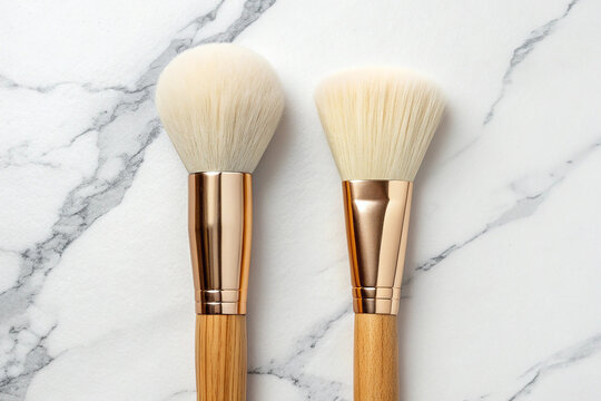 Two fluffy makeup brushes with rose gold ferrules and wooden handles on a marble background