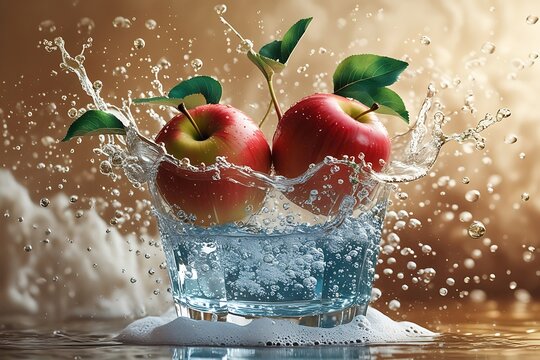 Fresh red apples splash in water cubes with natural sunlight