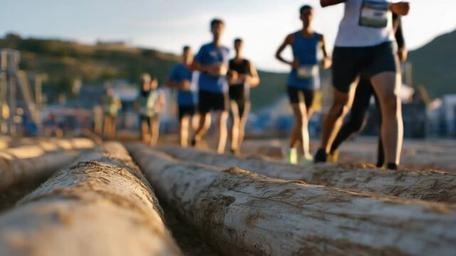 Athletes tackle a sunset-lit obstacle race track, navigating horizontal logs in a thrilling fitness competition.
