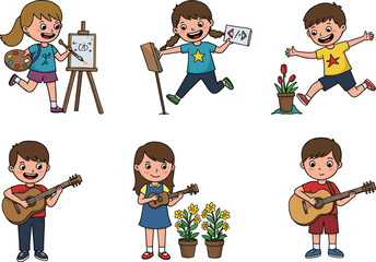 Happy children painting, coding, gardening, playing guitar, learning, creative activities, kids hobbies, music practice, outdoor fun, kids education, art and music
