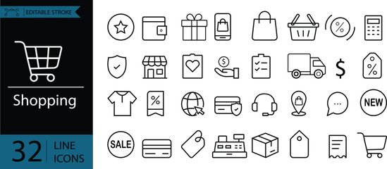 Shopping icon set. Online shopping, store, delivery, promotion and shopping cart symbol. Solid icons vector collection. Shopping Vector Icons Set.
