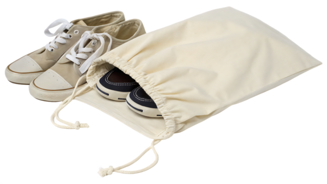 Cotton shoe bag with a simple tie closure, suitable for travel and storage on a clean background PNG. AI GENERATED.
