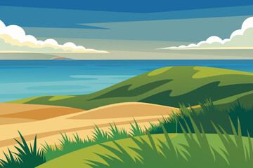 Stylized coastal landscape with rolling hills and ocean view