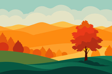 Vibrant autumn landscape with a single red tree