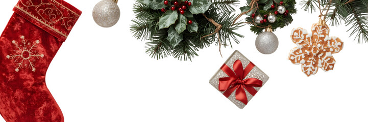 Festive Ornaments in Season: Embrace the holiday spirit with a vibrant display of Christmas decorations, featuring a stocking, gifts, and seasonal flora arranged in a photorealistic composition.