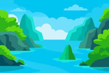 Vibrant flat design landscape of a tropical bay with mountains