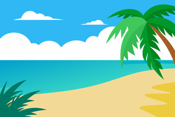 Tropical beach scene with palm tree and blue sky