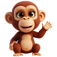 Fototapeta premium A cheerful 3D cartoon monkey with large, expressive brown eyes and a wide smile, waving with one hand while sitting. Its brown fur and playful pose make it perfect for children's media, animations, or