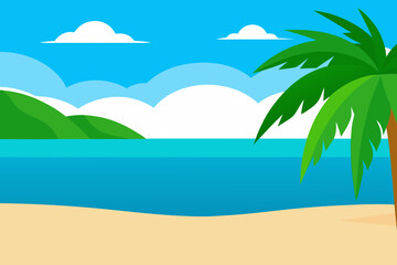 Tropical paradise beach scene with palm tree and ocean