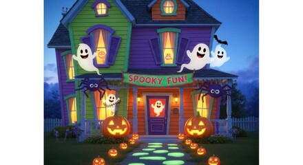 Spooky halloween house decorated with ghosts pumpkins and spiders for a fun night