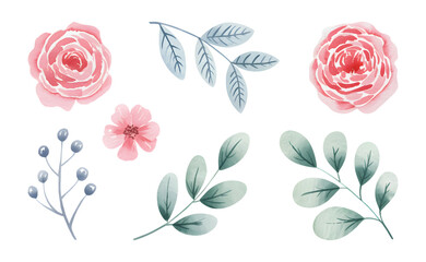 Artistic hand painted rose blossoms in soft watercolor brush tone with natural leaves.