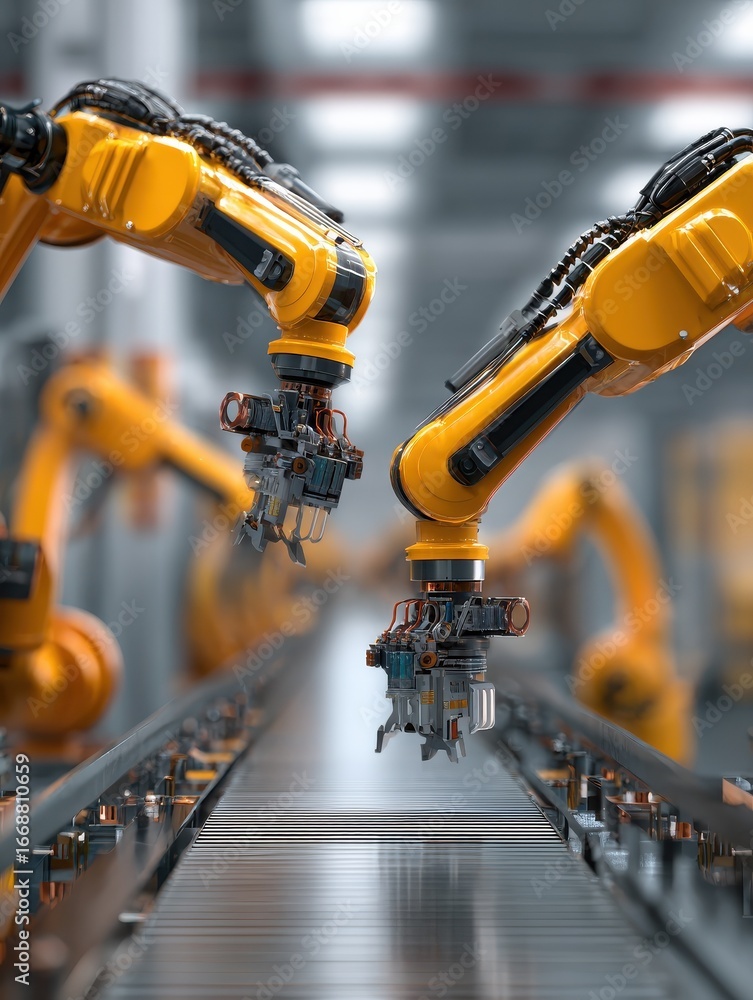 Poster advanced robotic arms working on smart factory automated line