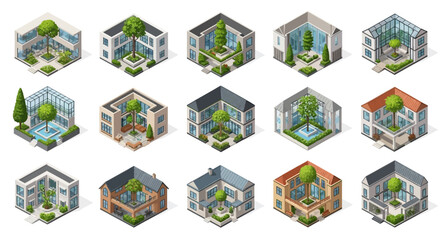 Fototapeta premium 3D Isometric Architecture Set with Interior Gardens and Trees.