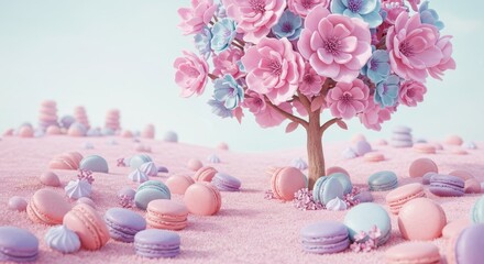 Dreamy landscape with pastel macarons, blossoms, and flower tree creating a surreal and delightful ambiance
