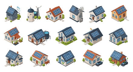 3D Isometric Eco Friendly Houses with Solar Panels Set Vector Illustration.