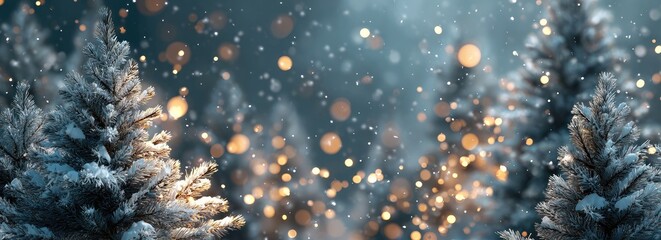 Snow-covered evergreens glow with warm lights amidst a softly falling snow