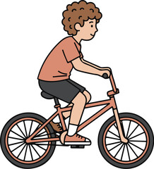 Fototapeta premium Cartoon illustration of a boy with curly brown hair riding a salmon-colored bicycle.