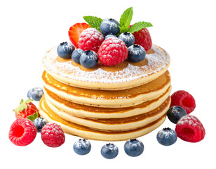 Pancakes with raspberries and blueberries on transparent background PNG