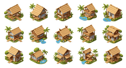 3D Isometric set of tropical huts jungle bungalows and beach houses.