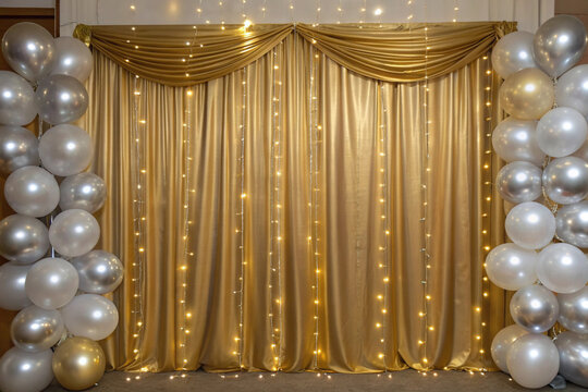 Festive Golden Backdrop with Balloons and Twinkling Fairy Lights draped fabric - Powered by Adobe