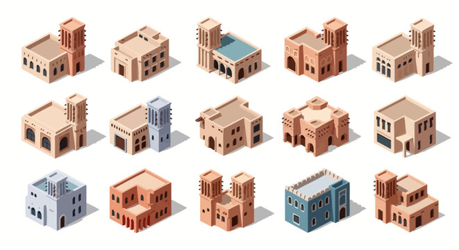 3D Isometric set of traditional Middle Eastern Arabic buildings and houses.
