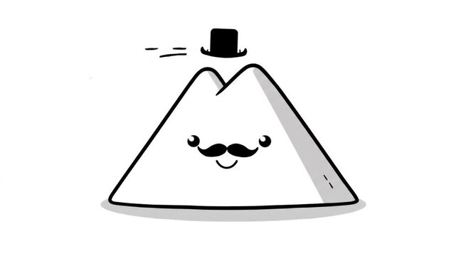 A cartoon illustration of a white triangle-shaped mountain with a top hat, mustache, and a curved line