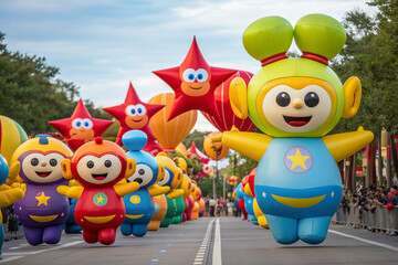 Naklejka premium Giant Inflatable Cartoon Characters And Stars In A Parade image photo